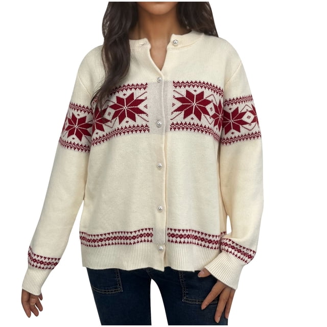 WRKEKC Veste Chandail pour Femmes Imprimé Flocon de Neige Col Rond Tricoté Veste Surdimensionnée pour Femmes Tenue Décontractée de Noël