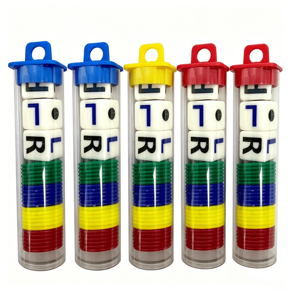 TAETOE Left Right Center Dice Game Prime Set Bundle with 3 Dices 30 Chips - (5 Pack). Round Tube Storage is Very Convenient for Travel. Easy to Store, Carry Around.