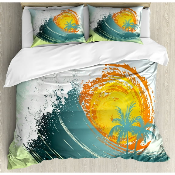 Tropical Duvet Cover Set, Exotic Coconut Palm Trees Sun Ocean Wave Summer Graphic, Decorative 3 Piece Bedding Set with 2 Pillow Shams, King Size, Green Petrol Blue, by Ambesonne
