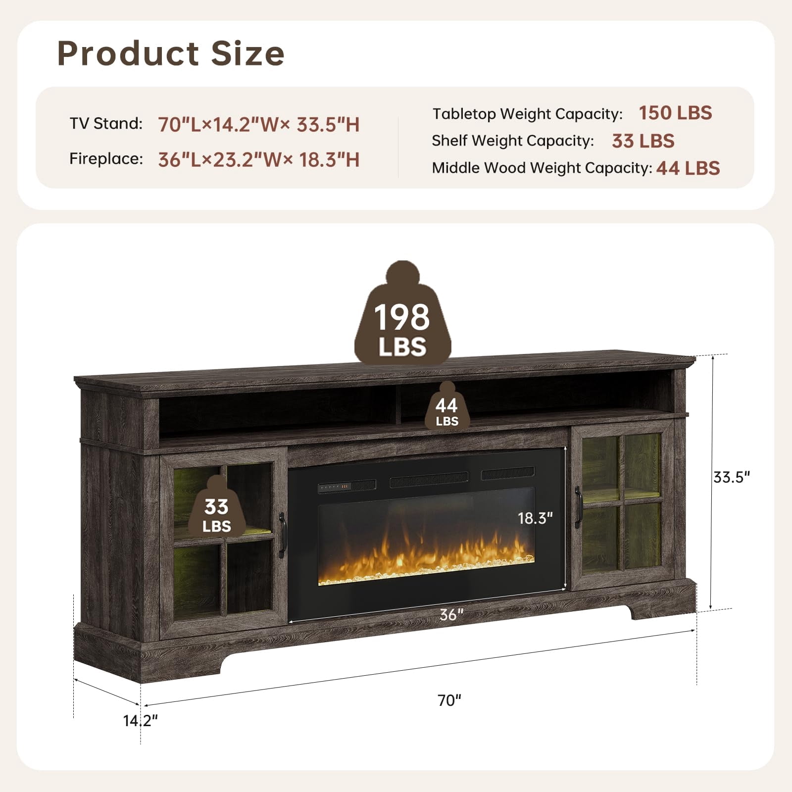Sunmthink Farmhouse TV Stand with 36" Fireplace for TVs up to 80", 70" Media Entertainment Center with Adjustable Shelves and Large Storage Cabinets, for Living Room, Gray