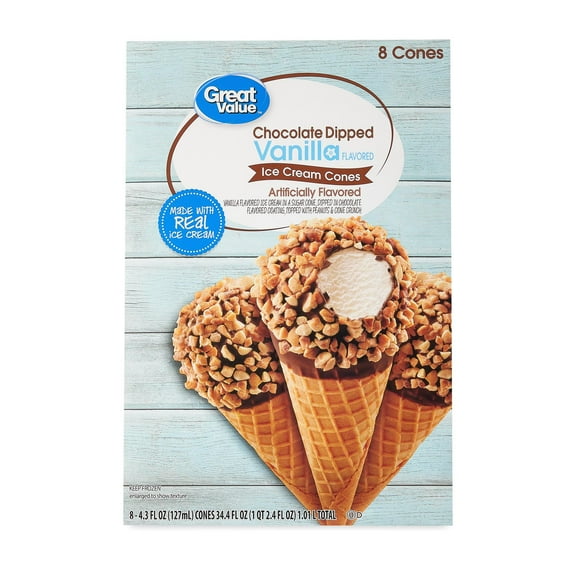 Great Value Chocolate Dipped Vanilla Flavored Ice Cream Cones, 34.4 fl oz, 8 Pack