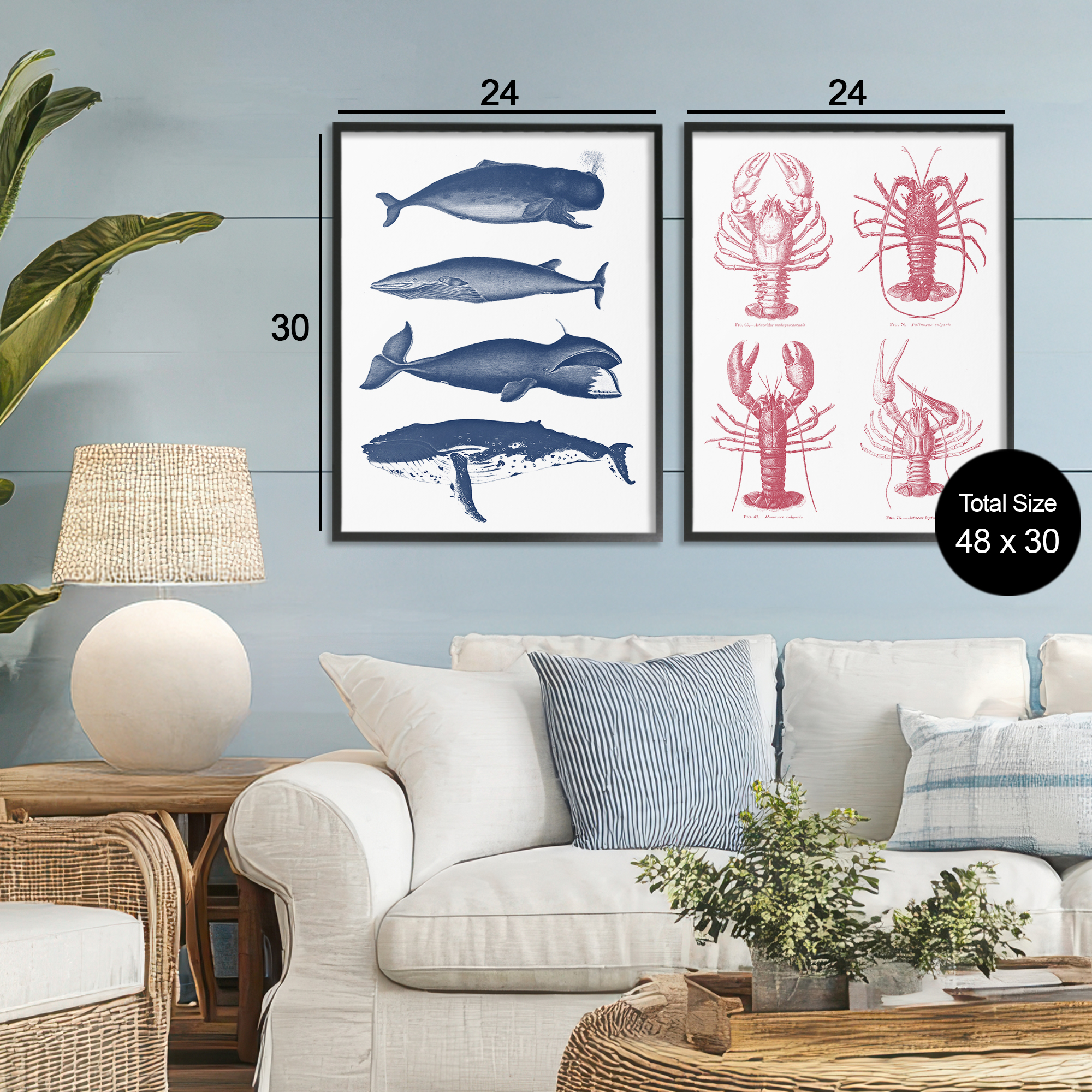 Marine Whales & Lobsters 2 Piece Black Framed Giclee Art Set, design by Lettered and Lined