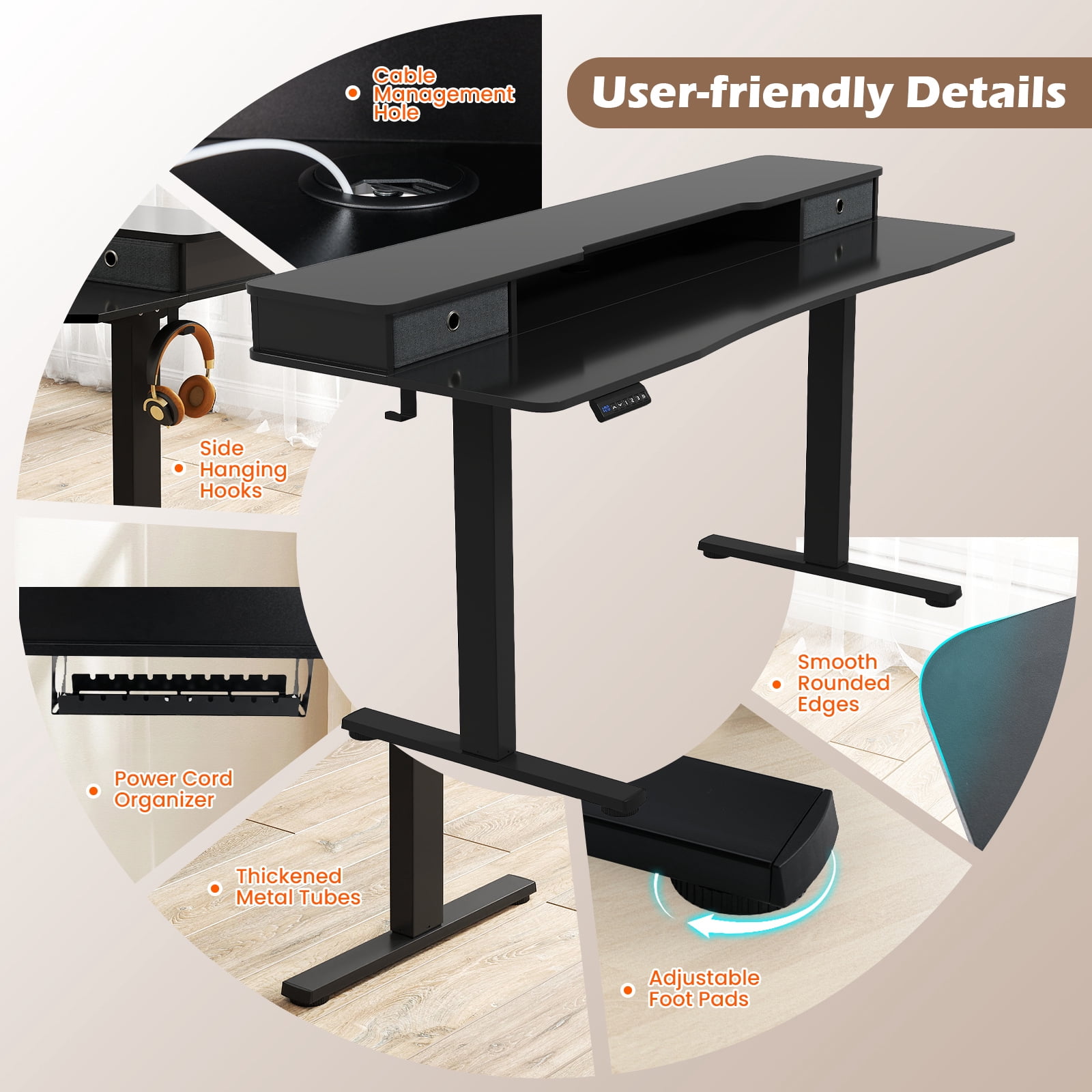Topbuy 63" x 24" Standing Desk with Drawers Electric Stand-up Desk with Monitor Stand Black
