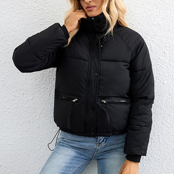 Chaquetas y abrigos casuales de manga larga sin capucha para mujer, chaqueta de cuello alto corto y versión holgada, chaqueta de pan con cremallera, chaqueta de algodón, abrigo corto para mujer