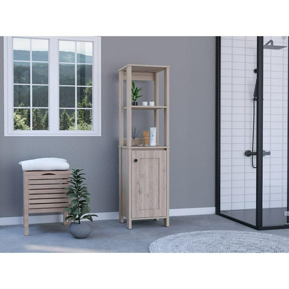 DEPOT E-SHOP New Haven Linen Cabinet, Two Internal Shelves, Two Open Shelves, Four Legs, One-Door Cabinet- Light Grey, For Bathroom