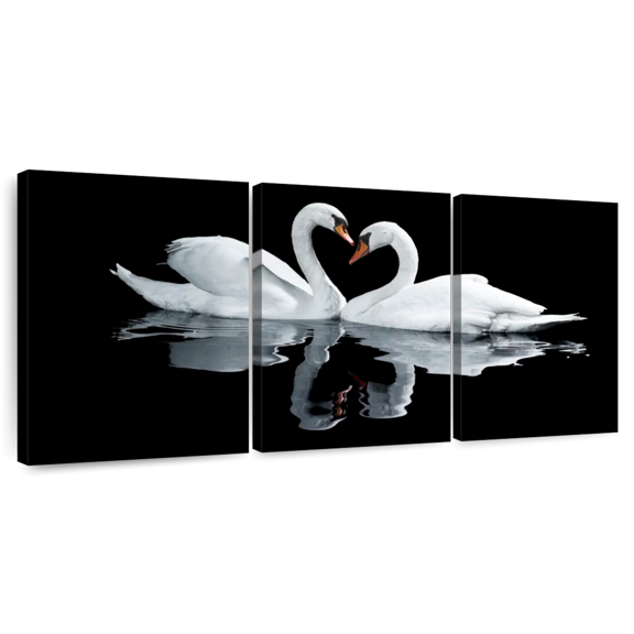 Elephant Stock Swans In Love Wall Art - Horizontal Multi Panel Canvas - Living Room Wall Decor - Animal Multi Panel - Black And Gray Decor - 26" x 12"