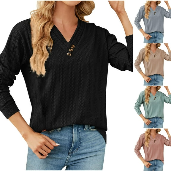 ATOYSOY Women's Long Sleeve Shirts Winter Loose Tops Workout Casual Blouse Pleated V Neck Button Sweatshirts Solid Color Pullover Spring Fashion Black L