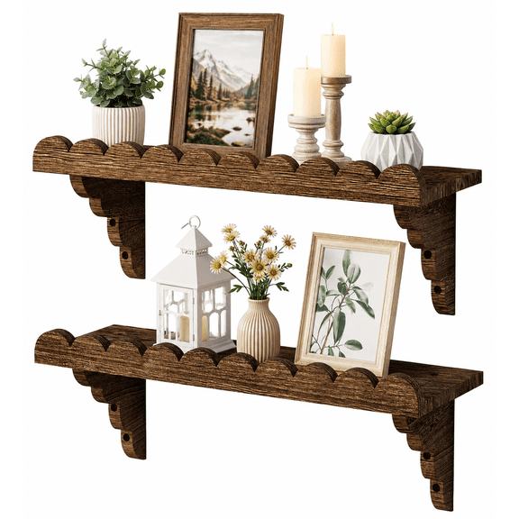 Cuopluber 2pcs Scalloped Wood Wall Shelf – 17 Inch Floating Shelf with Wood Brackets, Easy to Install Rustic Wall Shelf for Living Room, Bedroom, Bathroom, or Any Space