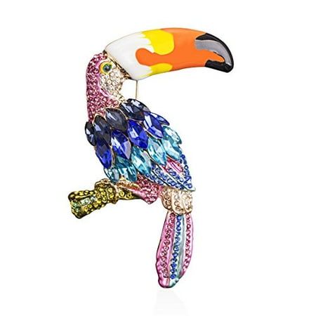 Womens Golden Tone Toucan Parrot Bird Brooch Pin Enamel Animal Silvery Crystal Rhinestone for Clothes/Bags/Backpacks/Jackets