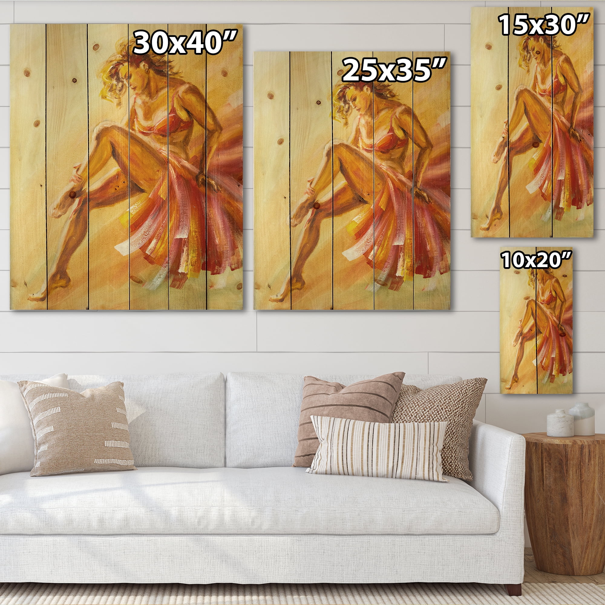 Designart 'Warm Coloured Flamenco Woman Dancer' Modern Print on Natural Pine Wood
