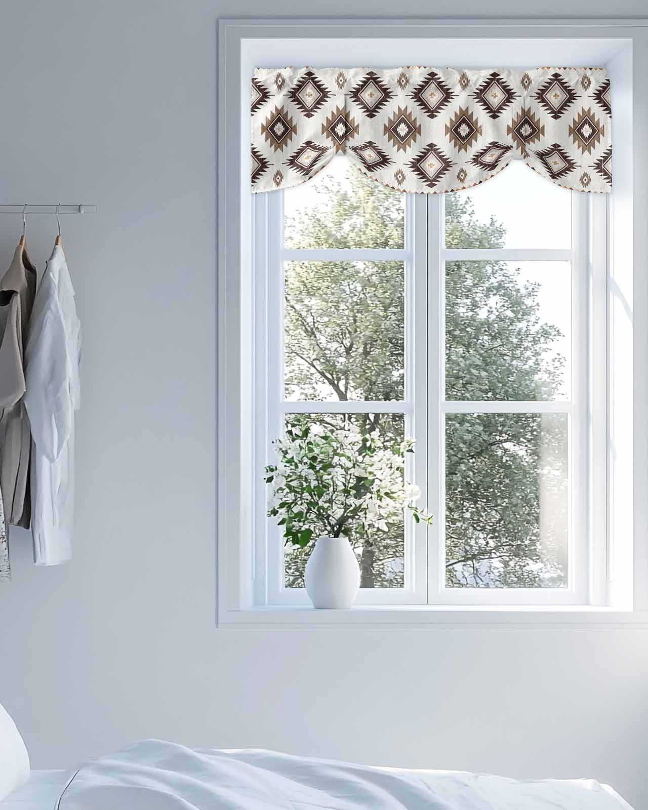 Khaki Brown Tie Up Valances Curtain, Adjustable Kitchen Aztec Ethnic Southwestern Native Geometric Valances for Windows Decor, Rod Pocket Short Curtains Set for Bedroom/Bathroom, 54"x18"