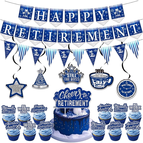 Retirement Party Decorations, Blue Silver Farewell Decor Set for Women Men Coworker Going Away, Happy Retirement Banner, Topper and Hanging Swirls