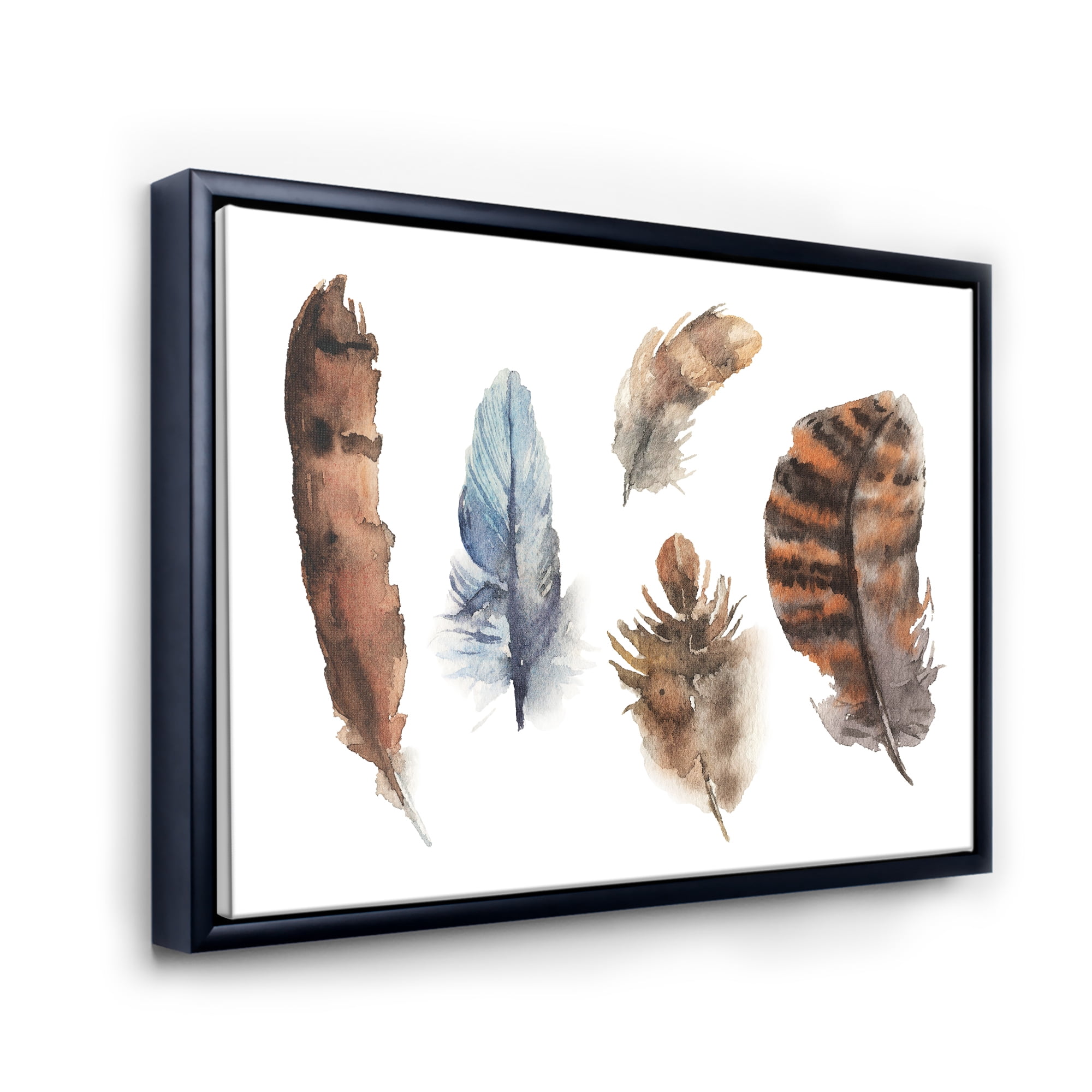 Designart 'Ethnic Boho Feathers In Earth Tones On White' Bohemian & Eclectic Framed Canvas Wall Art Print