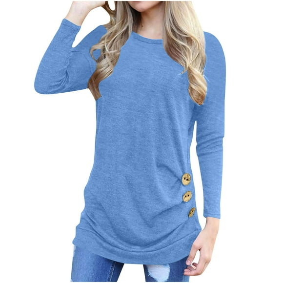 Timegard Womens Tops Crewneck Long Sleeve Button Solid Color Comfy Blouse Fall Dressy Casual Tunic Tops