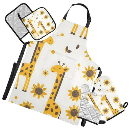 Lovely Giraffes Sunflowers Leaves Apron Set with Oven Mitts Pot Holders Set of 5 Kitchen Stuff Accessories
