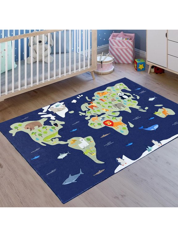 World Map Area Rug 4x6 Animals Children Rug Large Sea Continents Indoor Kids Play Rug Nonslip Soft Elementary Rug for Teen Boys Girls Bedroom Playroom, Dark