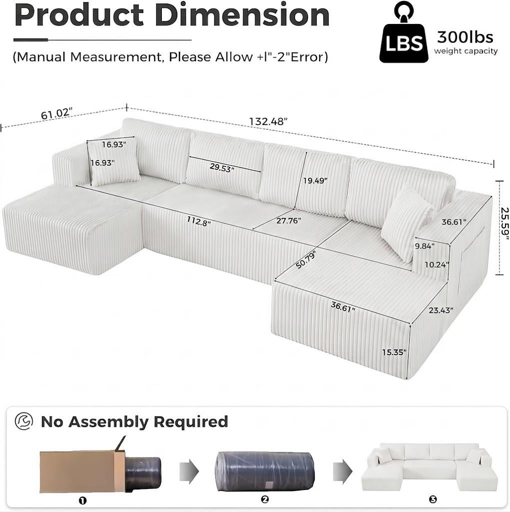 avobird 132" Oversized Cloud Boneless Sofa, U-Shaped Modular Sectional Sofa with Chaise and Side Pockets, Corduroy Deep Seat Couch for Living Room, Beige