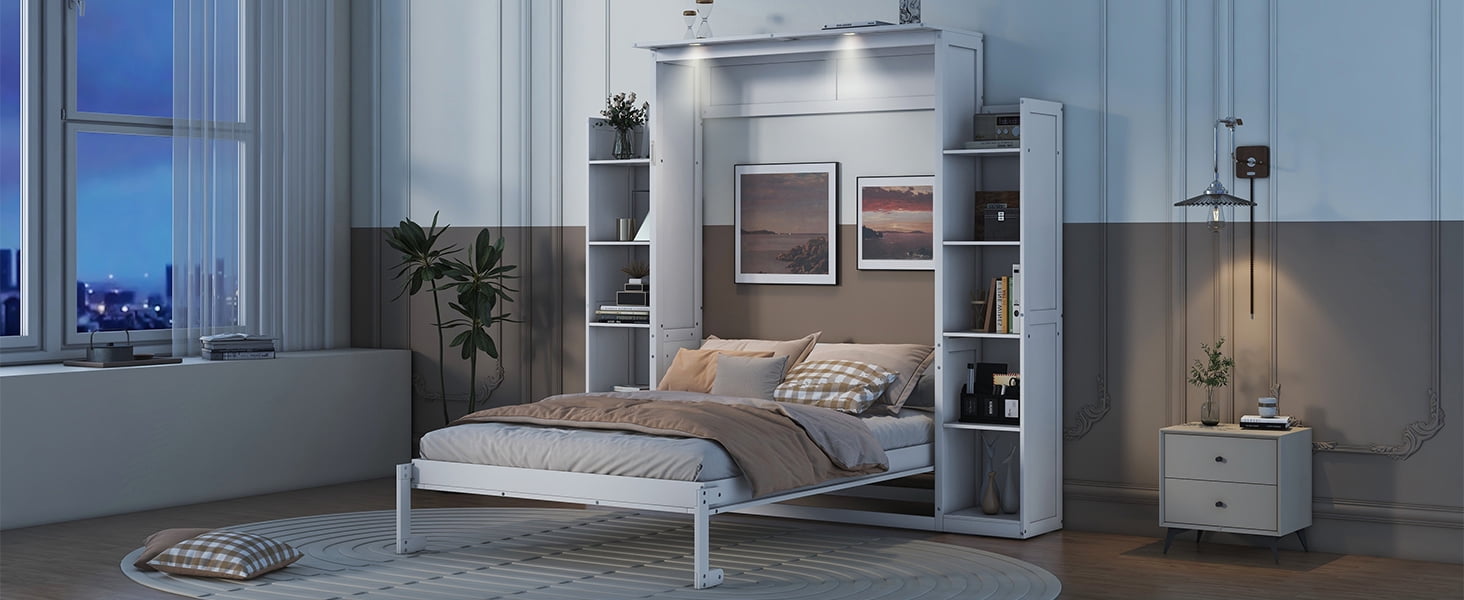 Mintazer Full Murphy Bed with Side Shelves & LED Lights, Modern Foldable Wall Bed for Bedroom Apartment Guest Room, White