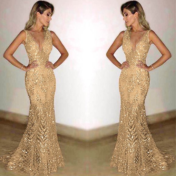 GZWYHT Wedding Guest Dresses,Dresses for Women 2025 Evening Dress Gold Prom Dress Bling Mermaid Sequined Ladies Long Formal Wear Gowns Formal Dresses,Graduation Dress,Gold Dress,Corset Dress XL