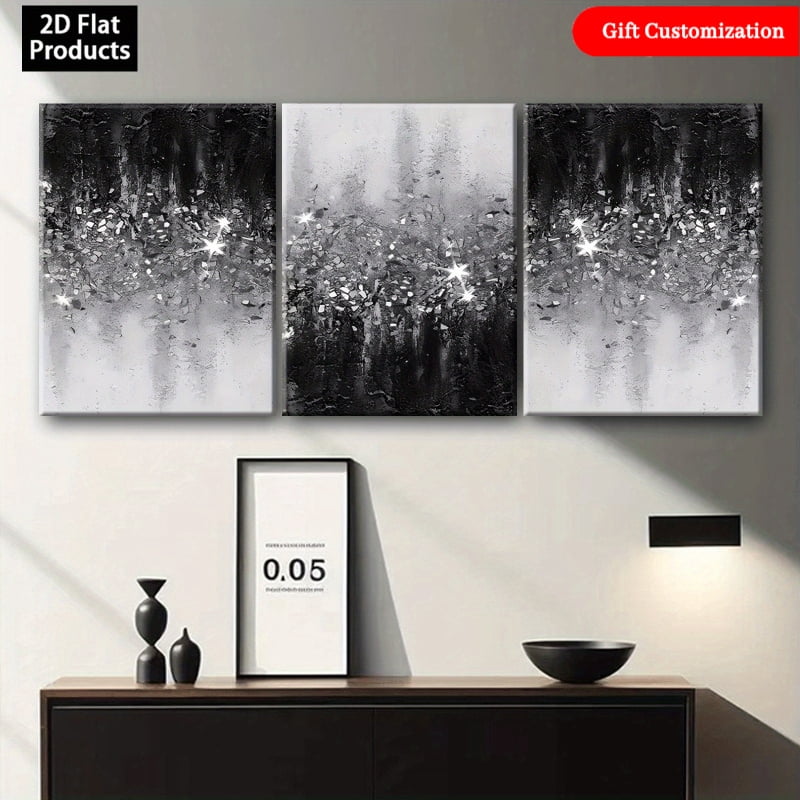 3pcs Modern Abstract Black & White Sparkling Wall Art | Framed Wrapped Canvas Paintings, Vertical Contemporary Shiny Decor Suitable for Living Room, Bedroom, Corridor - Ideal for Halloween,