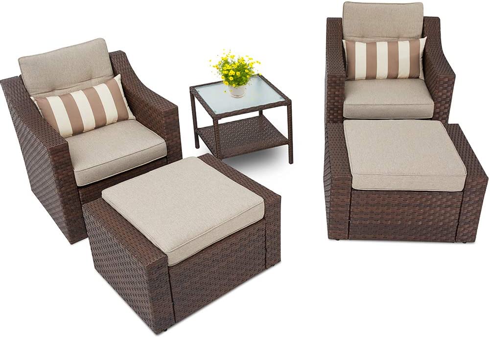 SOLAURA 5-Piece Outdoor Furniture Set Patio Wicker Conversation Set with Lounge Chairs & Ottomans, Brown - image 4 of 7