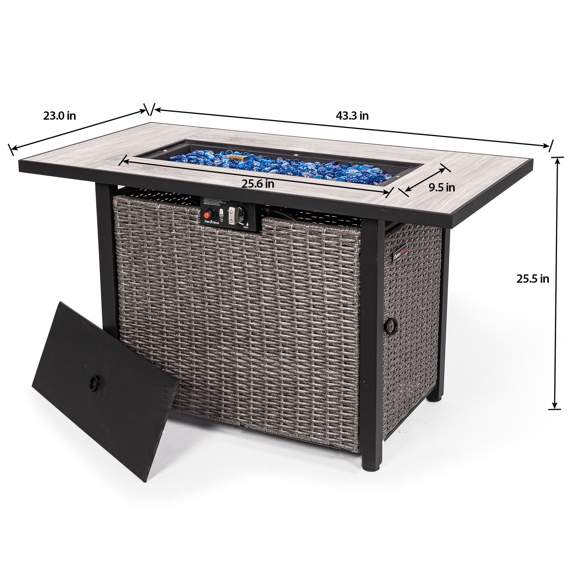 OuterMust 42”Outdoor Propane Fire Pit Table, 50,000 BTU Gas Hand-Woven Rattan Fire Pit with Lid & Blue Glass Bead for Patio Deck Garden