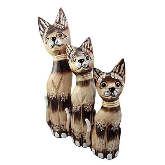 Balikraft Hand Made Wood Artisans "Kucing Belang" Large Striped Caramel Feline Cats Family Set of 3 Decorative Figurines 20"H