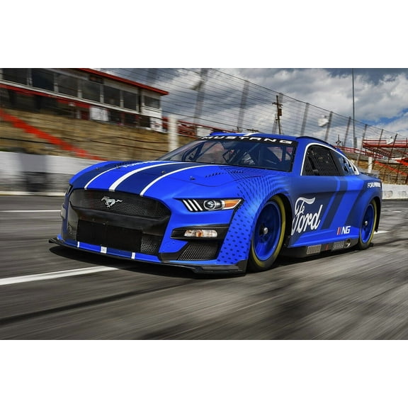 Ford NASCAR Mustang Racing Car Blue Art Home Decor - 12x18 Inch Laminated Poster - Stunning Detail and Bold Colors