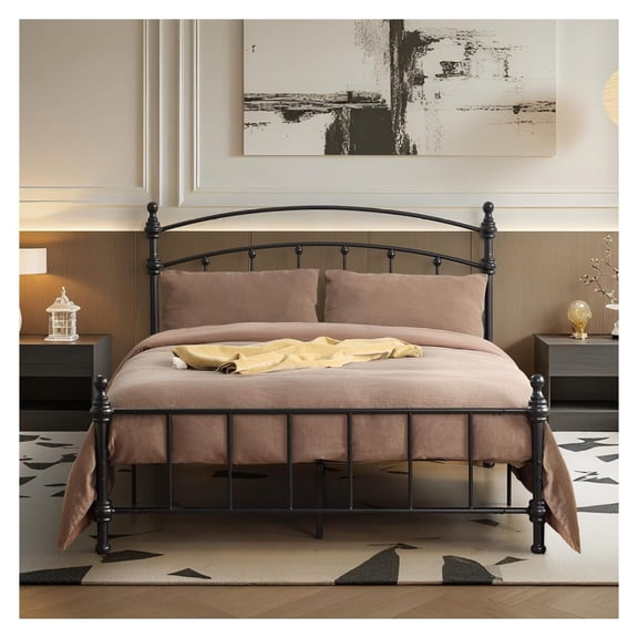 Queen Metal Bed Frame with Headboard and Footboard, Platform Bed for Queen Mattress, Steel Slats, Black Vintage Style