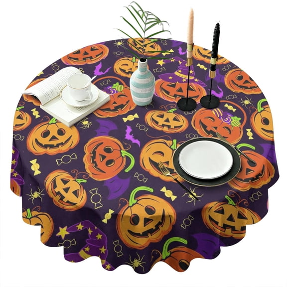 Vintage Spooky Tablecloth 60 Inch Round - Waterproof Washable Retro Horror Themed Halloween