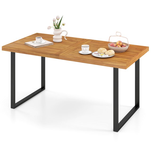 Topbuy Patio Dining Table for 4-6 People 63 inch Rectangular Table w/ Umbrella Hole