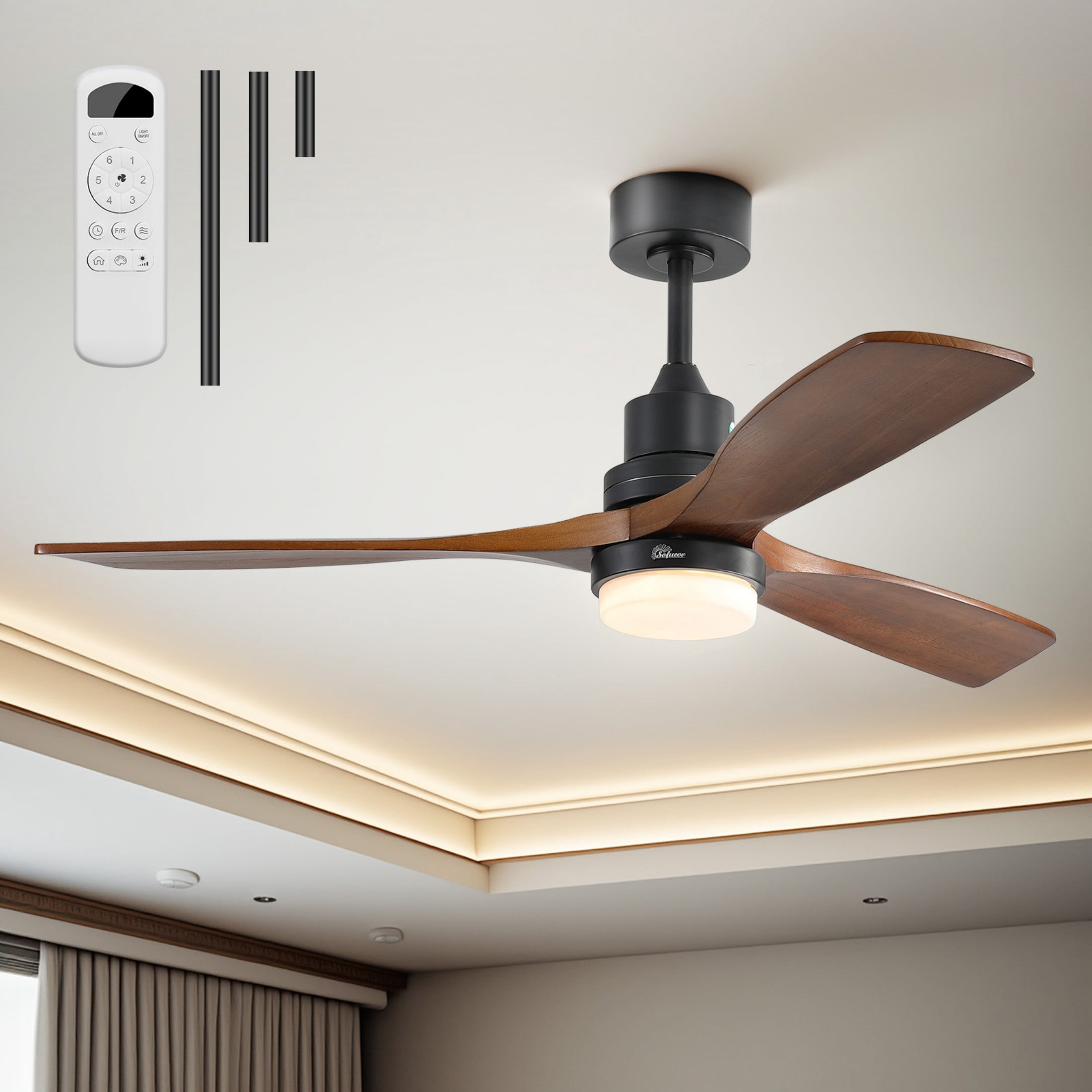 Sofucor 52 Inch Brown Black Modern Outdoor Indoor Farmhouse 3-Blade Ceiling Fan with Lights and Remote