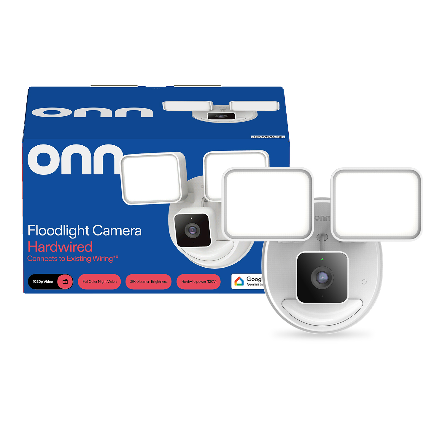 onn Outdoor Floodlight Camera Hardwired , 1080p HDR Video | with Google Home and Gemini – Search Video History, Event Descriptions