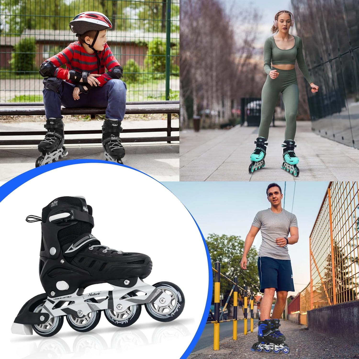 MammyGol Adjustable Inline Skates for Youth & Adults PU Wheels Safety Brake Black (Teen Boys, Girls, Beginner-Friendly)