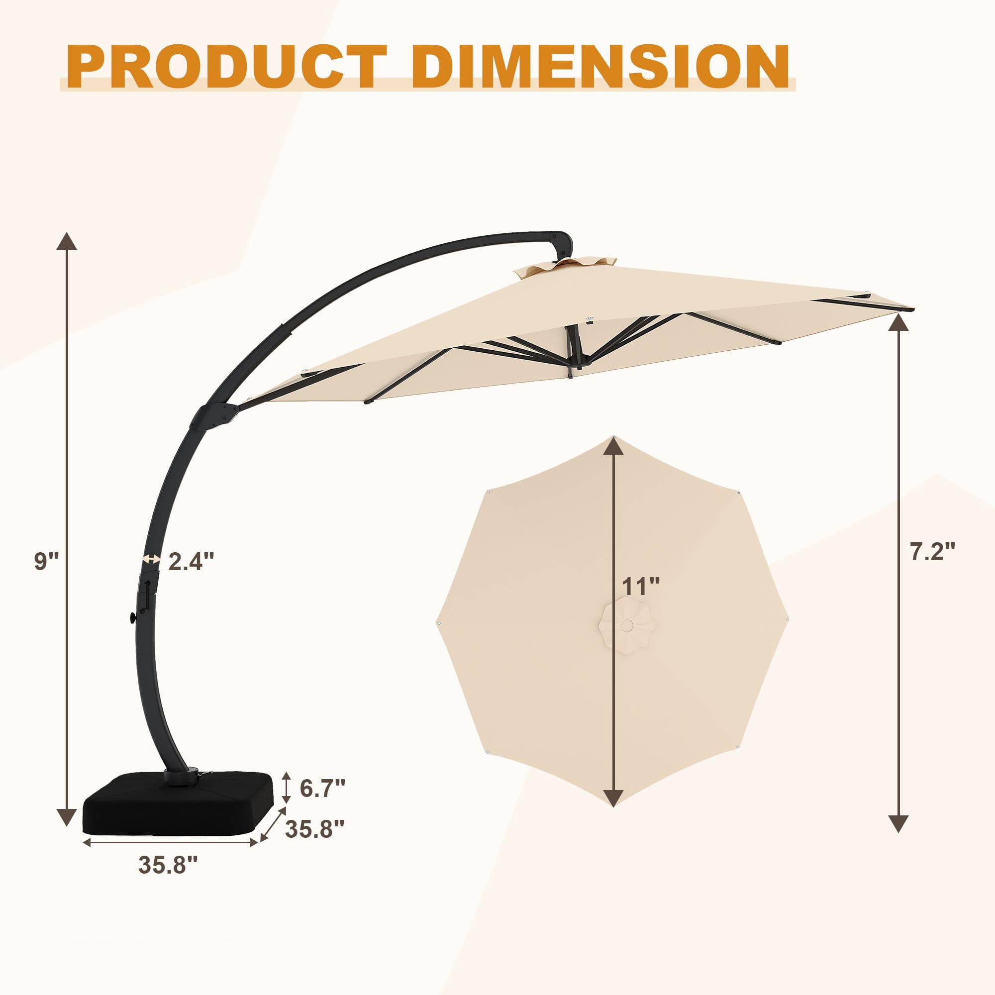 Memoryfield Outdoor Large Round Aluminum Cantilever Market Umbrella, Heavy-Duty Offset Patio Umbrella with 360° Rotation & Base Included, Khaki