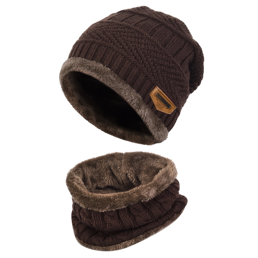 Men's Winter Beanie Hat and Scarf Set Warm Fleece Knitted Thick Knit Cap Kids UK