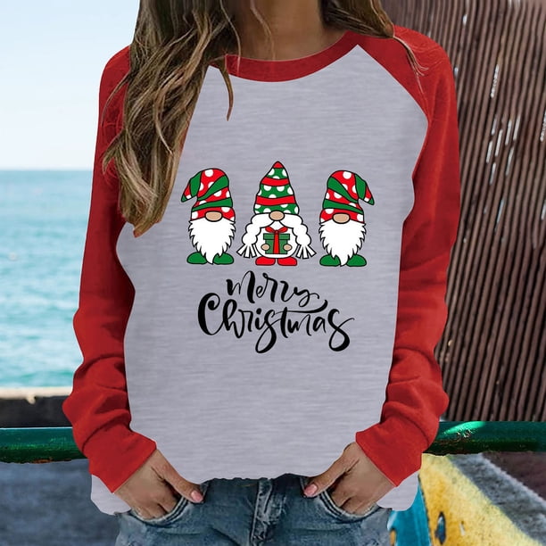Pntutb Mujeres Otoño e Invierno Casual Navidad Impreso Cuello Redondo Manga Larga Jersey Blusa Sudadera tops Pntutb Pntutb-157