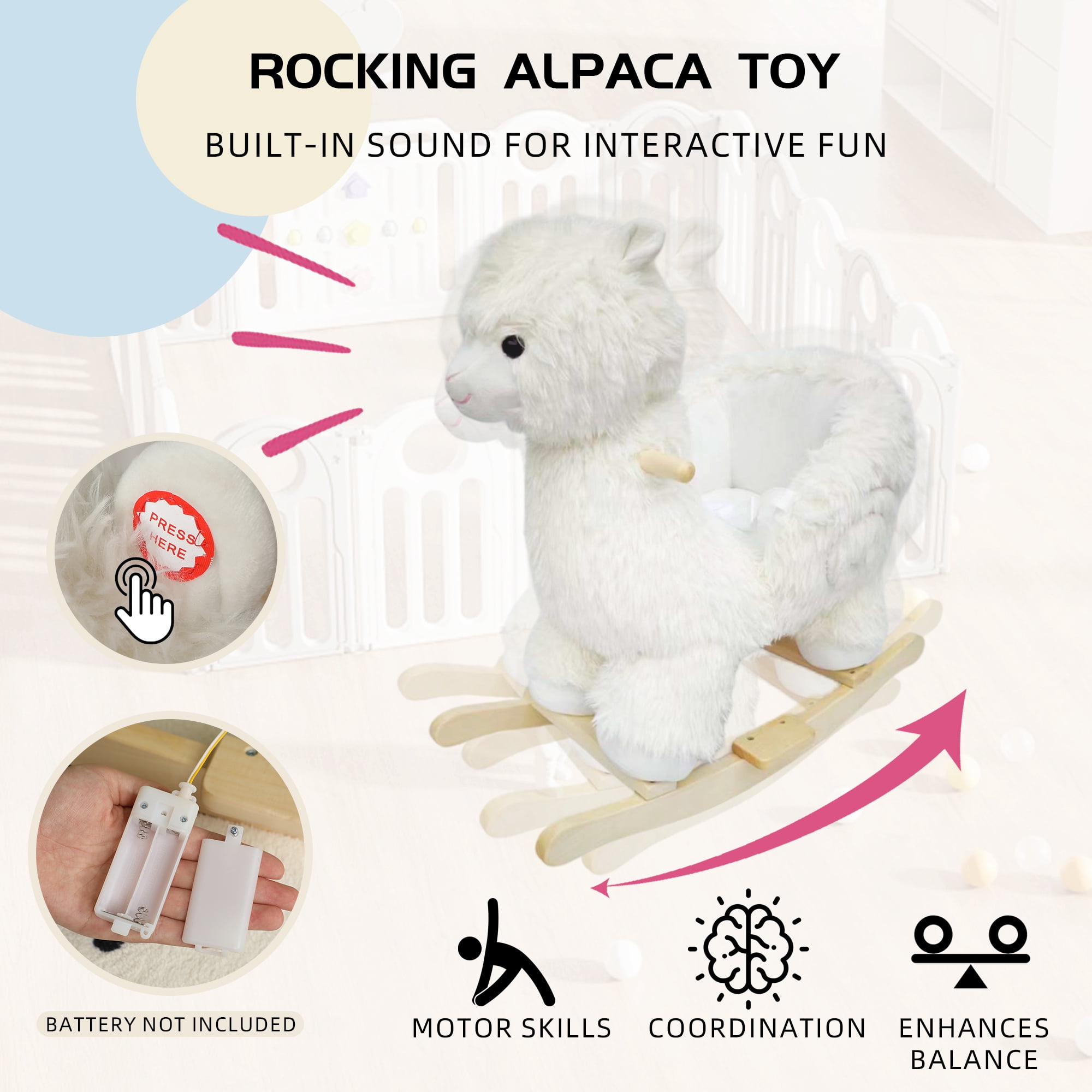 Alvantor Kids Rocking Horse, Plush Ride-On Toy with Music & Wooden Base, Alpaca Toddler Rocker for 1-5 Years White
