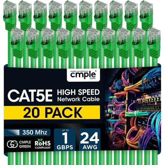 Cmple - 20 Pack Cat5e Ethernet Cable 15ft Internet Patch Cord with RJ45 Connectors 1 Gigabit Router Cables 350Mhz LAN Wire - Green