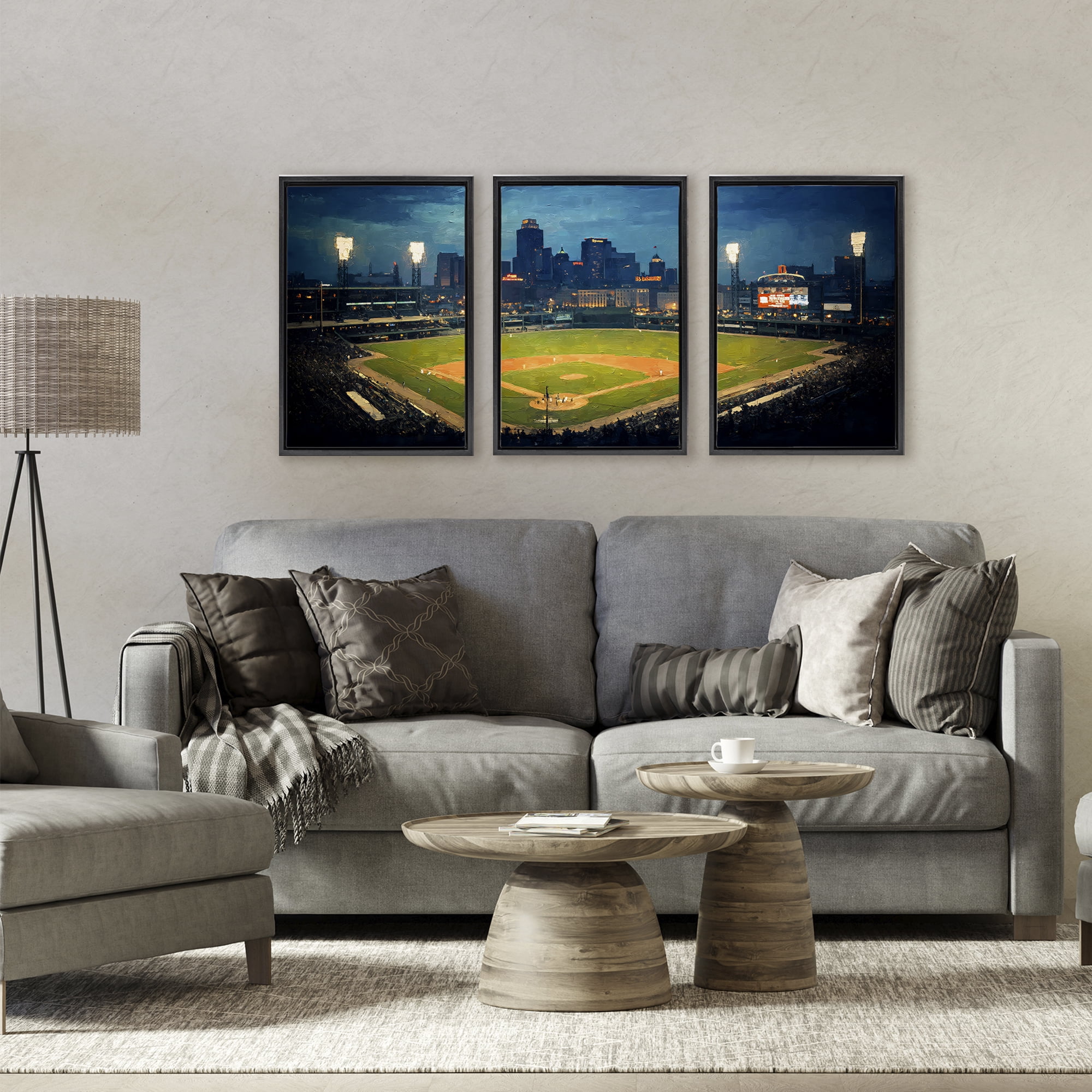 Stupell Industries Baseball Stadium Night View 3 Piece Black Framed Floater Canvas Set, design by Arlington Prints