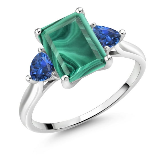 Gem Stone King 10K White Gold Green Malachite and Blue Created Sapphire 3 Stone Engagement Ring for Women (4.04 Cttw, Emerald Cut 9X7MM, Gemstone Birthstone, Size 5)