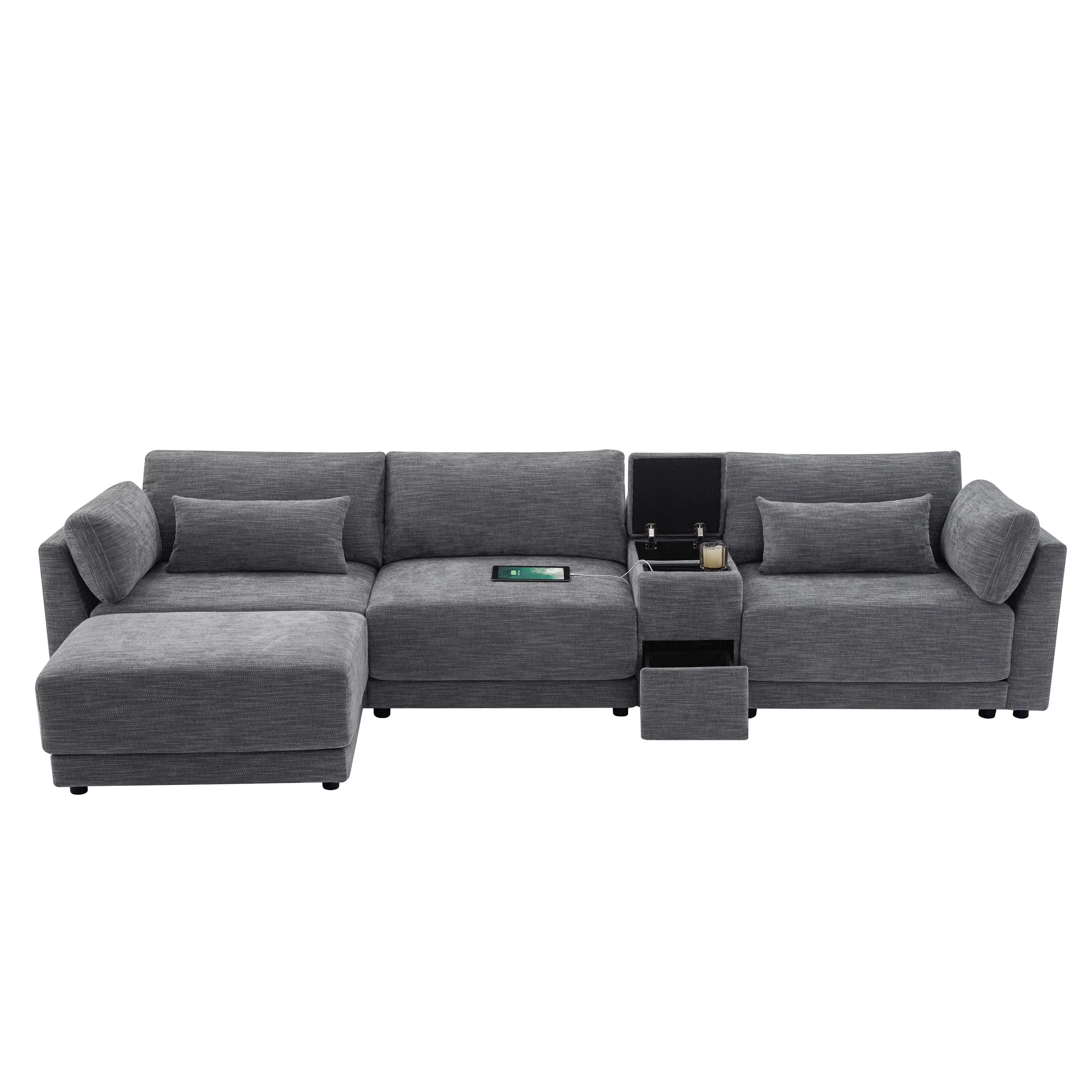 Sectional Sofa, L Shaped Couch, 4-Seat Sofa with Multi-Function Storage Console, Device Platform and Movable Ottoman, Wide 33 Inch Thick Cushion Chenille for Living Room, 124 Inch, Gray