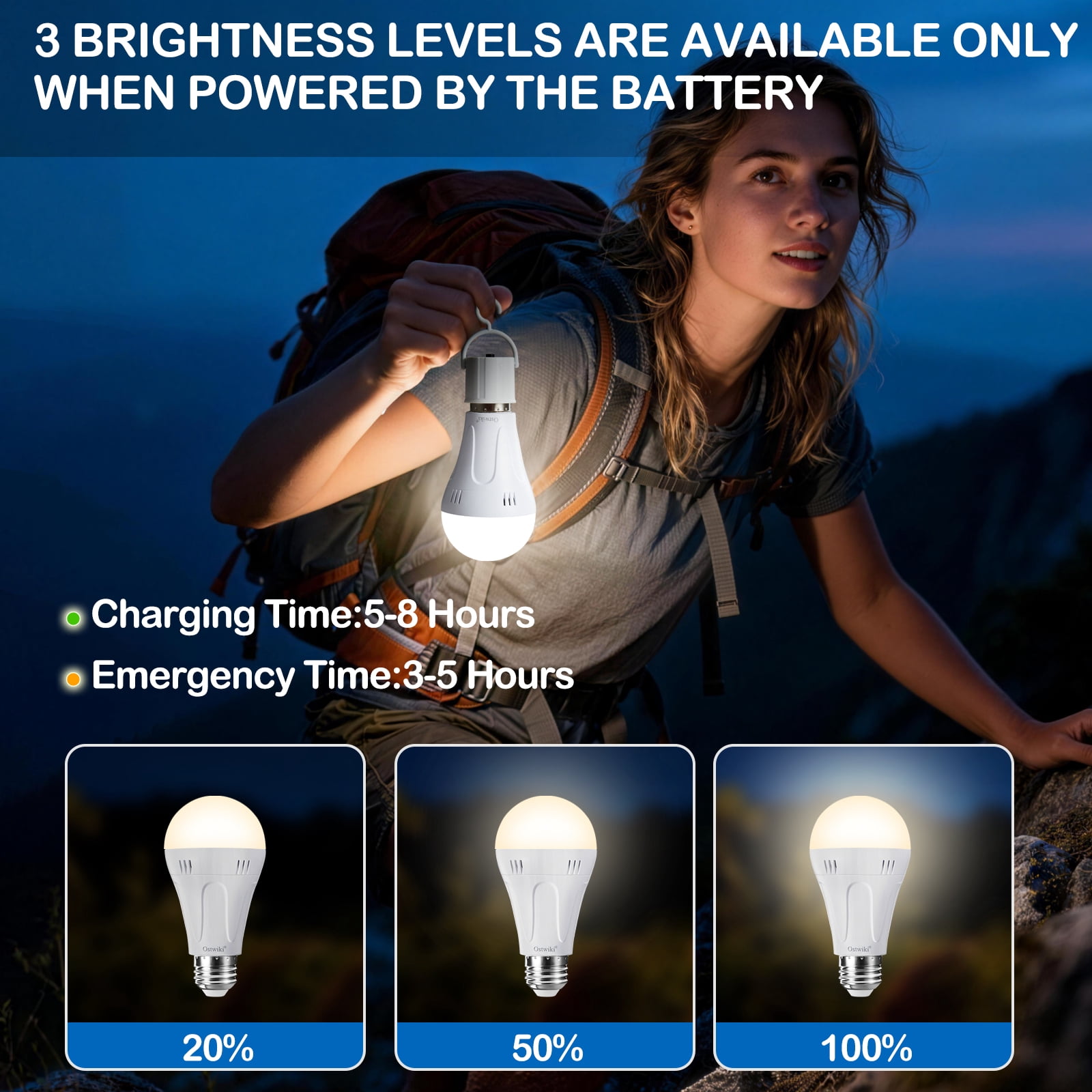 Ostwiki 6 Pack Battery Operated Light Bulb,Emergency Light Bulbs for Power Outage,A19 E26 9W 1200mAh 3000K Warm Rechargeable LED Light Bulbs for Home Lamps，Outdoor Activity,Hurricane,Blizzard,Camping