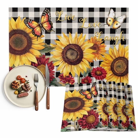 Butterfly Sunflower Placemats Set of 12, Live Love Laugh Black Plaid Table Mats Washable Heat-Resistant Non-Slip Place Mats for Kitchen Dinner Table Indoor Outdoor Decor,13x19 Inch