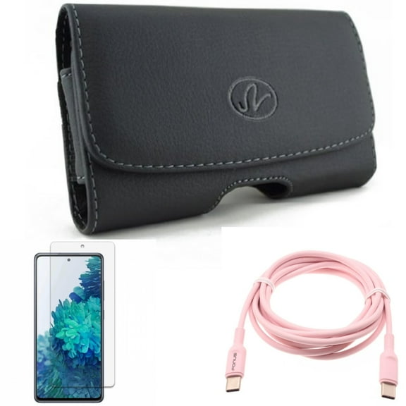 Screen Protector & Case Belt Clip & Pink 6ft Long Cable for Samsung Galaxy S20 Fan Edition - Anti-Glare Tempered Glass   Leather Swivel   USB-C to Type-C PD Fast Charger Combo
