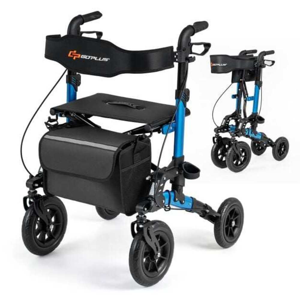 Folding Rollator Walker with Seat, 6-Level Height Adjustment, Blue, for Seniors, Indoor and Outdoor Mobility