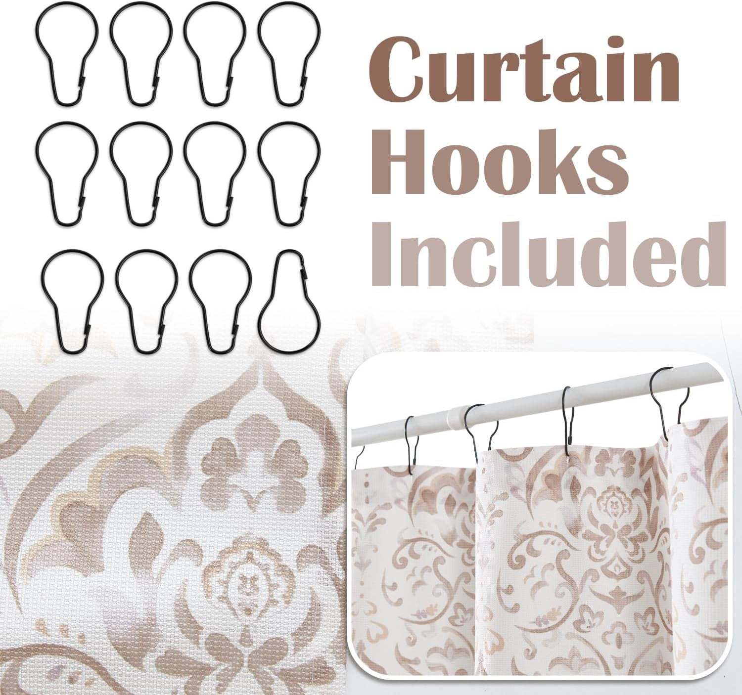 Taupe Floral Shower Curtain, Medallion Damask Farmhouse Shower Curtains for Bathroom, Watercolor Retro Vintage Pattern Waterproof Fabric Shower Curtain, Bath Decor with Hooks 70x72 Inch