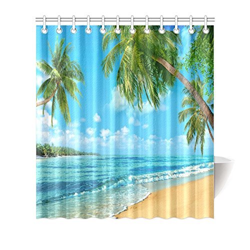 ABPHQTO Cortina de ducha con estampado de imagen turquesa, decoración de isla tropical, frente al mar, olas, palmeras, playa, 160x180 cm, extralarga, verde, azul y blanco
