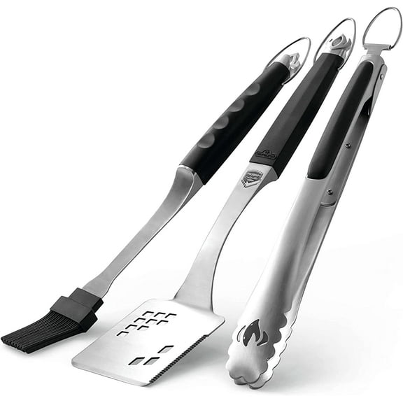 Napoleon Accessory 70036 - Executive 3 Piece Toolset - Premium BBQ Grill Toolset, Cast Stainless Steel, Ergonomic Handles,Heat Safe Rubber Grip, Includes Tongs,Multifunctional Spatula, Basting Brush