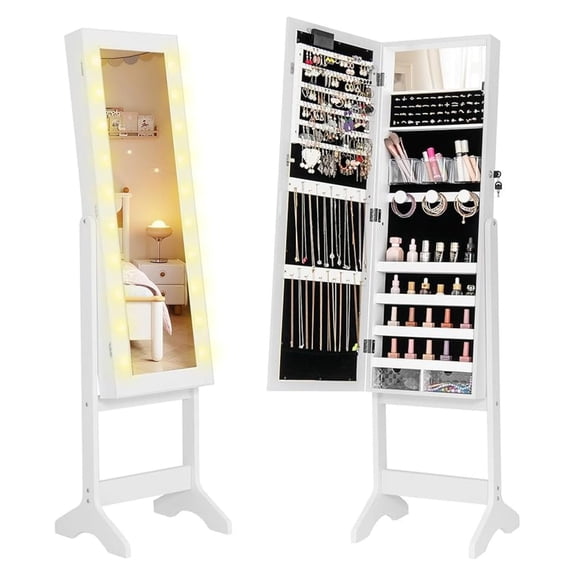 Jewelry Cabinet with Mirror & Lights, Lockable Armoire Organizer - White